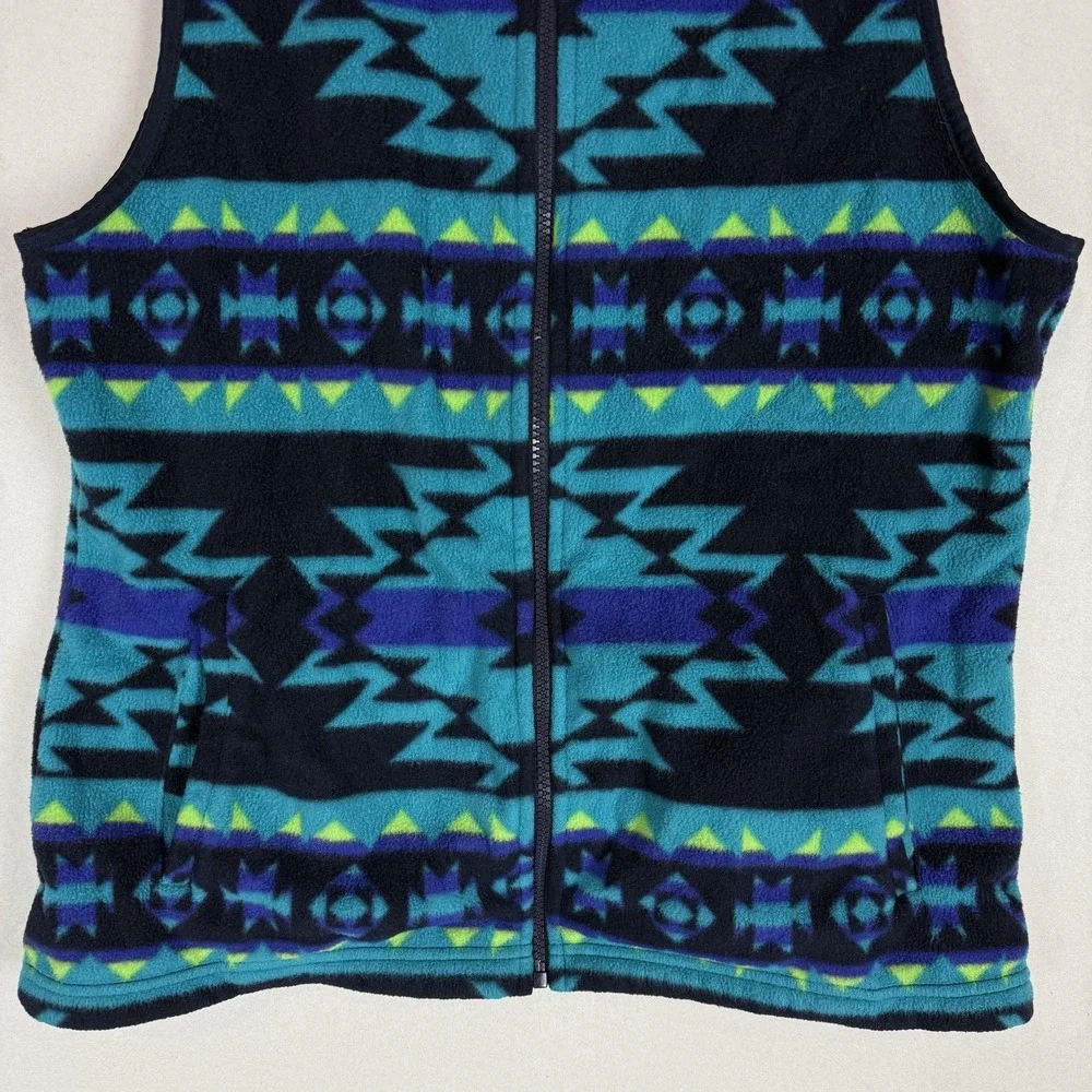 Chaps Vest Women Large Blue Teal Fleece Full Zip Southwestern Tribal Aztec Print